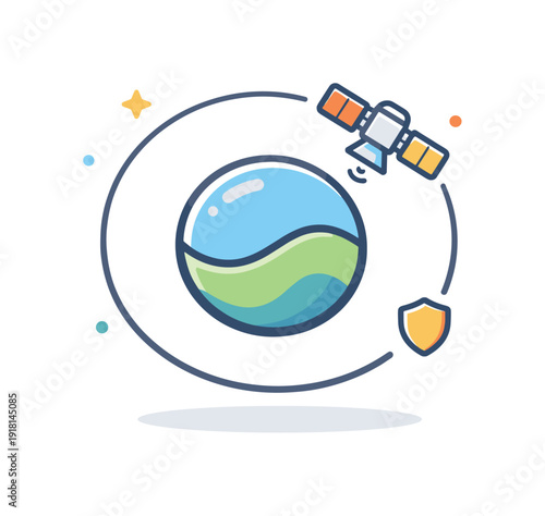 Invisible protection and background support in digital or organizational systems visualized through orbital stability, a satellite maintaining a