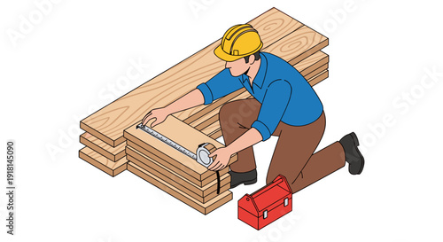 Carpenter Measuring Wooden Planks with Tape Measure.