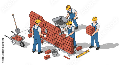 Bricklayers Building Wall with Bricks and Tools.