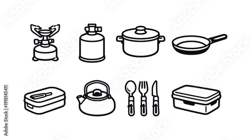 Outdoor camping cooking kit: camping stove, gas canister, cooking pot, frying pan, mess tin, camping kettle, utensil set, food container