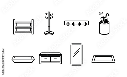 Home entryway storage items: shoe rack, coat rack, wall hook, umbrella stand, key tray, storage bench, wall mirror, door mat