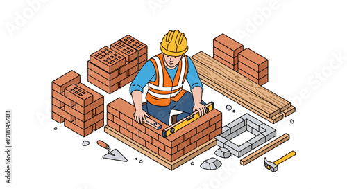 Construction Worker Building Brick Wall.