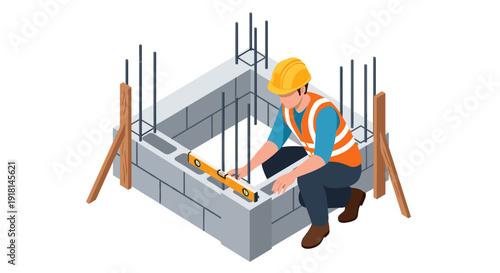 Construction Worker Building Foundation Site.