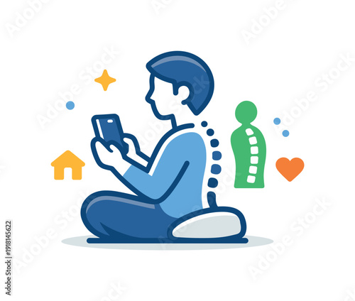Everyday gentle care for relaxed posture and reduced neck tension during daily device use at home, a smartphone paired with a straight spine icon
