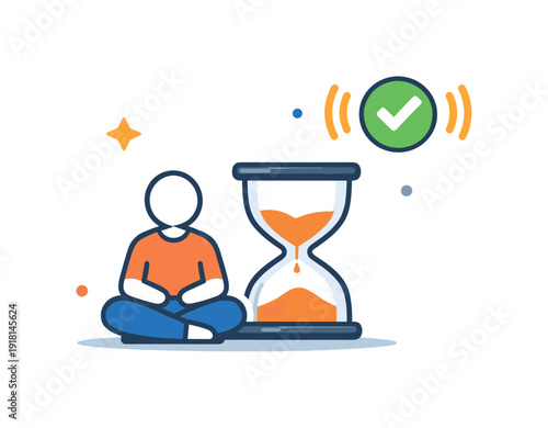 Strategic patience and waiting for high-quality opportunities instead of constant action, a calm seated figure beside an hourglass and a single