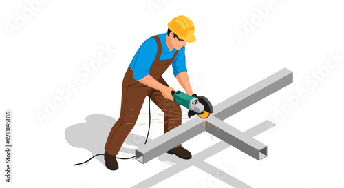 Construction Worker Cutting Metal Beam.
