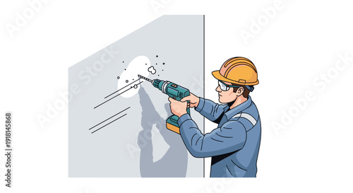 Construction Worker Drilling into Wall with Drill.