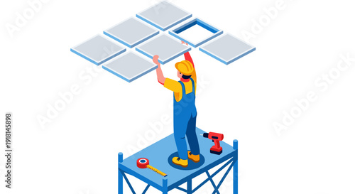 Construction Worker Installing Ceiling Tiles on Scaffolding.