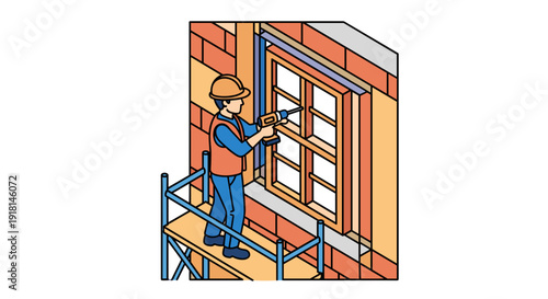 Construction Worker Installing Window on Scaffolding 1.