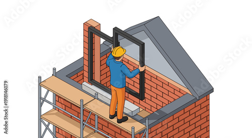 Construction Worker Installing Window on Brick House.