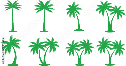 Green Palm Tree Silhouette Set for Tropical Summer Vacation Backgrounds, Beach Resort Branding, Exotic Island Landscaping, and Botanical Nature Themed Graphic Design Elements