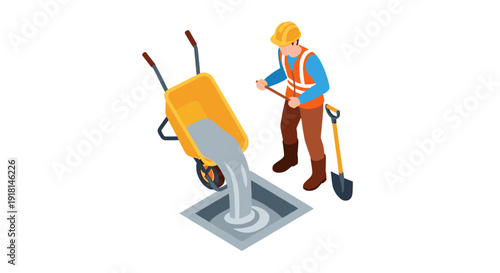 Construction Worker Pouring Concrete from Wheelbarrow.