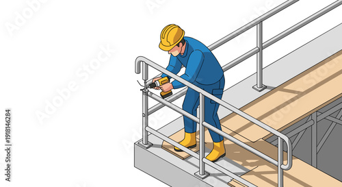 Construction Worker Using Power Tool on Staircase.