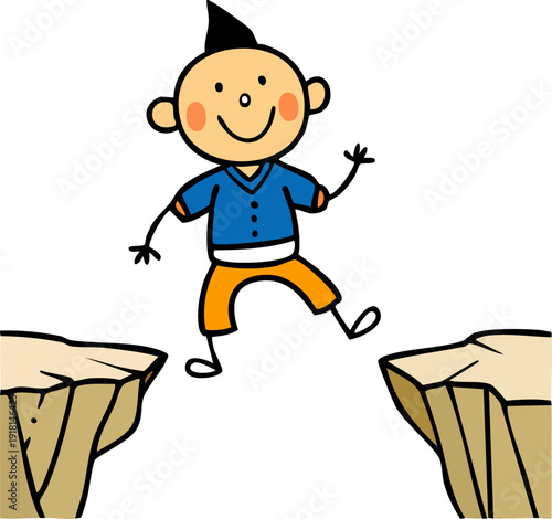 Happy determined boy character jumping across a dangerous gap between two cliffs on isolated white background.