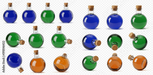 Set of round glass bottles with colorful liquids and cork stoppers, isolated on transparent background.