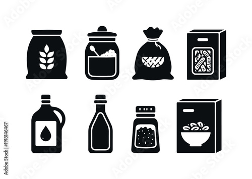 Kitchen pantry staples: flour bag, sugar jar, rice sack, pasta box, oil bottle, vinegar bottle, spice jar, cereal box