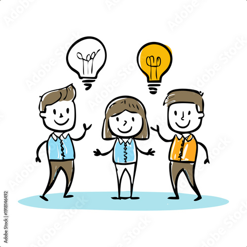 Three happy smiling business people waving with creative idea light bulbs floating above, showing enthusiastic collaboration on isolated white background.