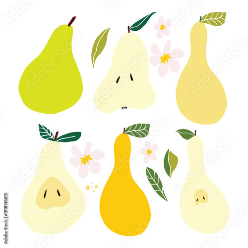 Seamless pattern with pears, leaves and blossoms in flat decorative style. Repeating fruit background perfect for textile, wrapping paper, wallpaper and surface design projects.