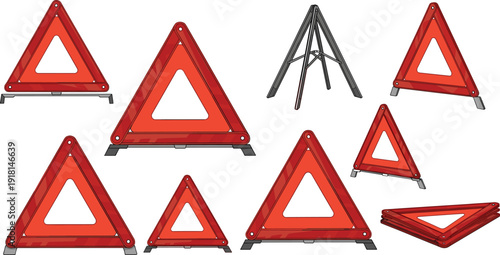 Red roadside emergency warning triangle reflector set with folding safety sign for car breakdown hazard protection vector collection.