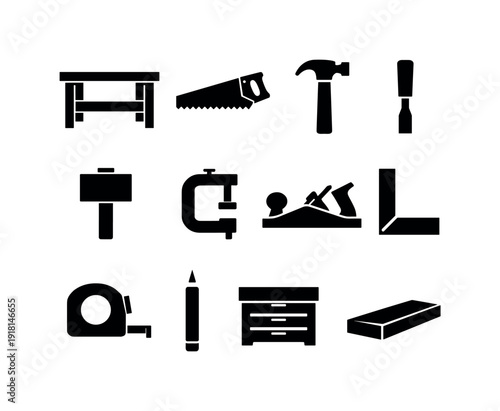 Home hobby woodworking: workbench, hand saw, hammer, chisel, mallet, clamp, wood plane, square, measuring tape, pencil, tool chest, wood plank