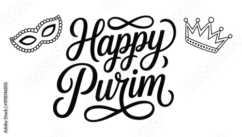 Happy Purim Hand Lettering Typography with Mask and Crown Outline Illustration for Jewish Festival Celebration Design