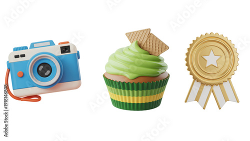 A colorful assortment of toys including a camera, a green apple, and a rocking horse isolated on transparent background