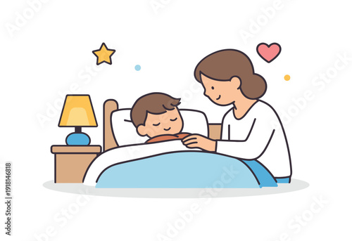 Quiet bedtime family routine emphasizing safety and emotional closeness at the end of the day, a child in bed with an adult sitting nearby and a small