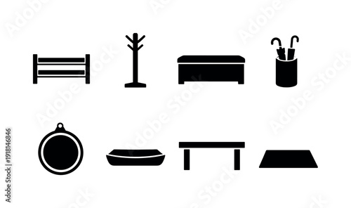 Home entryway essentials: shoe rack, coat rack, storage bench, umbrella stand, wall mirror, key tray, console table, doormat