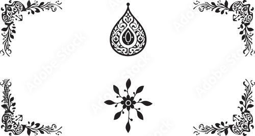 Ornate filigree corners and teardrop floral elements for luxury wedding invites and antique frames