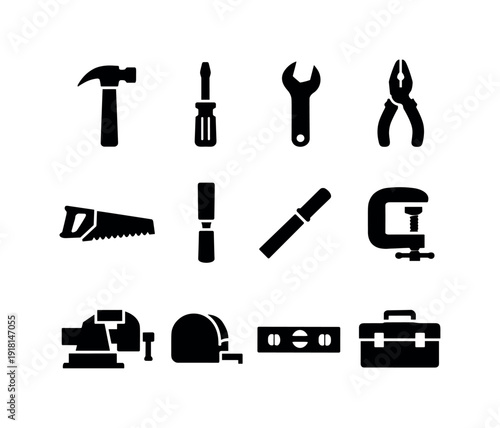 Workshop hand tools: hammer, screwdriver, wrench, pliers, hand saw, chisel, file, clamp, vise, measuring tape, level, toolbox