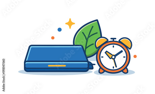 Healthy balance between focused work and intentional rest in modern lifestyles centered on sustainable routines, a closed laptop beside a leaf and a