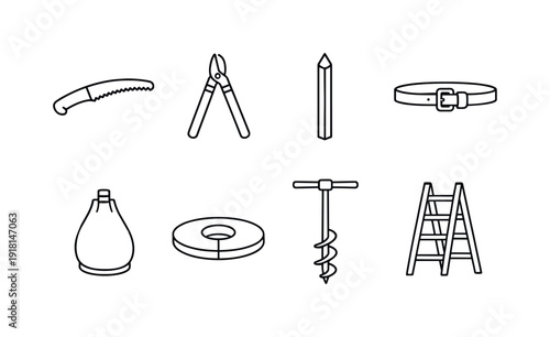 Garden tree care tools: pruning saw, lopper, tree stake, support tie, watering bag, mulch ring, soil auger, ladder