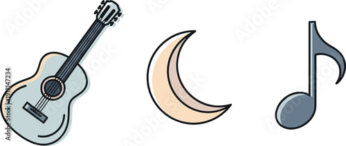 Acoustic guitar, crescent moon, and musical note icons on a white background