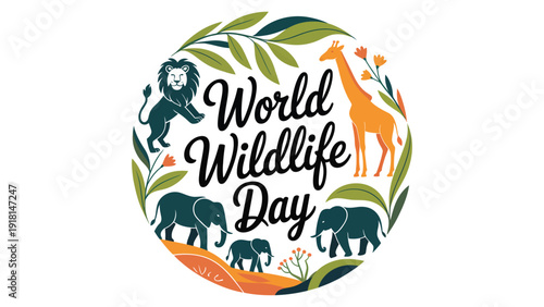 World Wildlife Day Circular Illustration with Animal Silhouettes and Leaf Frame Design for Nature Conservation Awareness