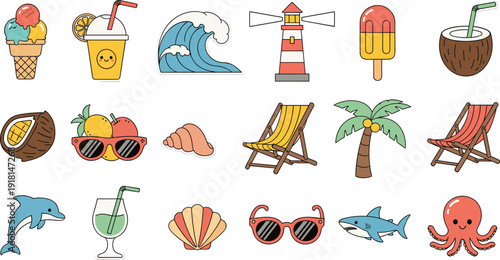 Summer beach vacation line icons set with ice cream wave lighthouse deck chair dolphin cocktail palm and seashell vector collection.