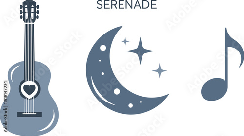 Acoustic guitar, crescent moon with stars, and musical note symbolizing a serenade