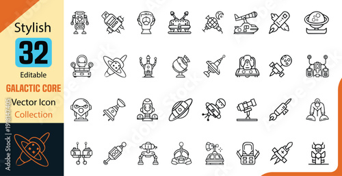 Unique vector illustration of Galactic Core Symbols icon set, Editable clean line art Galactic Core vector icon include of Galaxy, Robot, Astronaut, satellites and more icon design set