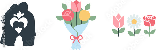 Couple silhouette with heart and floral elements representing love and romance