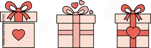 Three cute pink gift boxes with red ribbons and hearts, perfect for celebrations