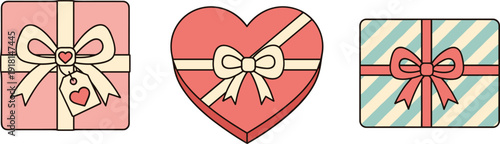 Three beautifully wrapped gift boxes, one heart-shaped, with bows and ribbons