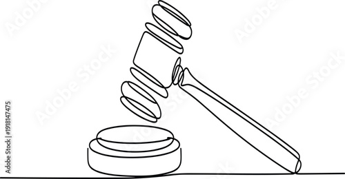 A black and white line of a judge's gavel resting on a sound block court