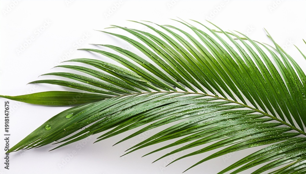 Fototapeta premium green palm frond with water droplets isolated on white background