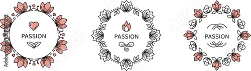 Collection of three floral emblems with the word passion and decorative elements