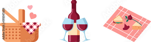 Romantic picnic setup with wine, basket, and food on a checkered blanket