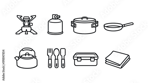 Outdoor camping cooking gear: camp stove, fuel canister, cooking pot, frying pan, camping kettle, utensil set, food container, dish towel