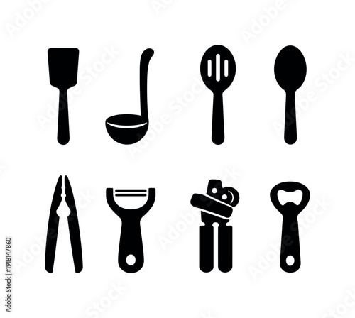Home kitchen utensils: spatula, ladle, slotted spoon, cooking spoon, tongs, peeler, can opener, bottle opener