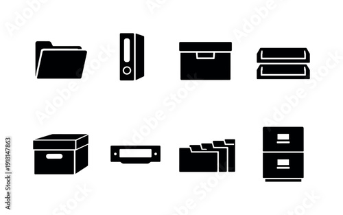 Office filing essentials: file folder, ring binder, document box, paper tray, archive box, label holder, divider tab, filing cabinet