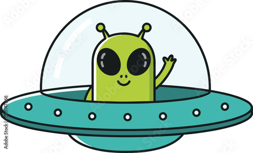 Cute alien in UFO cartoon illustration waving hello, friendly extraterrestrial character inside flying saucer, sci fi space concept, colorful flat vector isolated