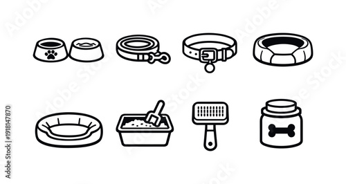Pet care supplies: pet bowl, water bowl, leash, collar, pet bed, litter box, grooming brush, treat jar