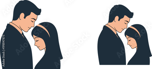 Couple embracing with foreheads touching, conveying love and intimacy in a simple illustration